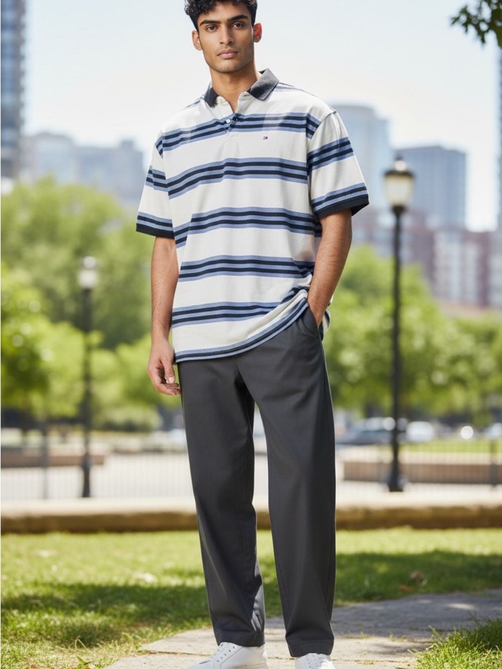 Tommy Hilfiger White and Navy Striped Polo Shirt